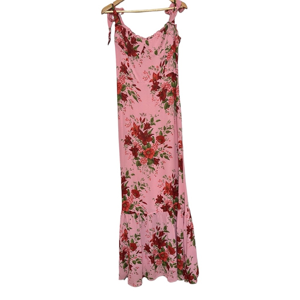 REFORMATION Jasen Maxi Dress Valeria Pink Red Floral Tie Strap Ruffle Size 10